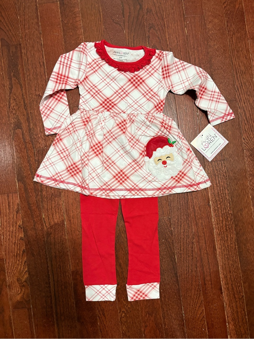 Ann Loren Red & White Plaid Holiday Dress with Santa Applique and Red Leggings